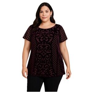 Lane Bryant 22/24 Red Maroon Velvet Damask Short Cap Sleeve Semi Sheer Top